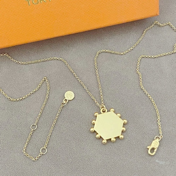 Tory Burch Gold Necklace with Blue Hexagon Pendant - Picture 6 of 6